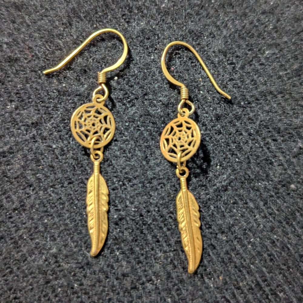 Gold Tone Dreamcatcher And Feather Dangle Statement Earrings